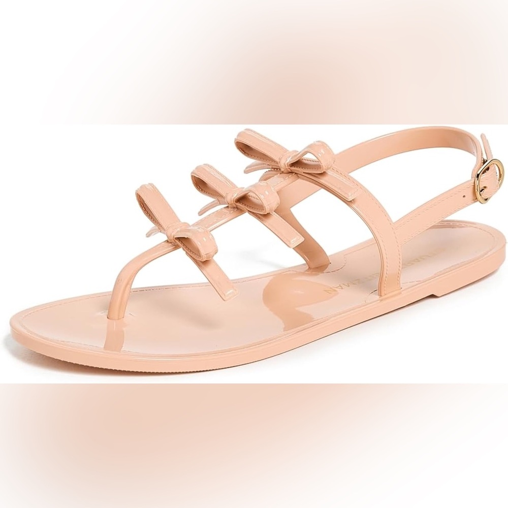 Stuart Weitzman Nude Patent Bow Slingback Flat Sandals